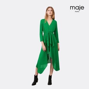 Maje Printed Satin Jacquard Wrap Dress – Size FR 36 (US 4) – Green – Excellent C
